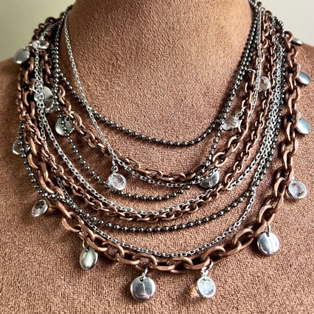 Lia Sophia Copper Silver Mixed Metal Multi Strand Layered Necklace 19"Goblincore